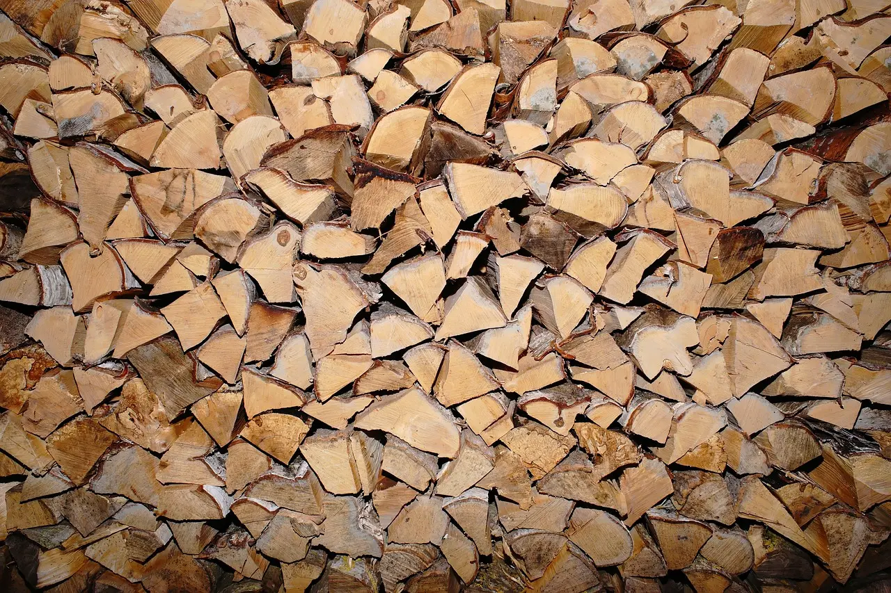Leña y sacos de pellets almacenados en un lugar seco
